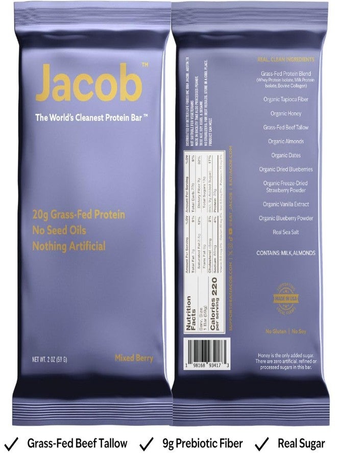 Jacob Bar, Protein Bars, Mixed Berry (9 Bars Total) - 20g Grass-Fed Protein, No Seed Oils, Nothing Artificial - Image 2